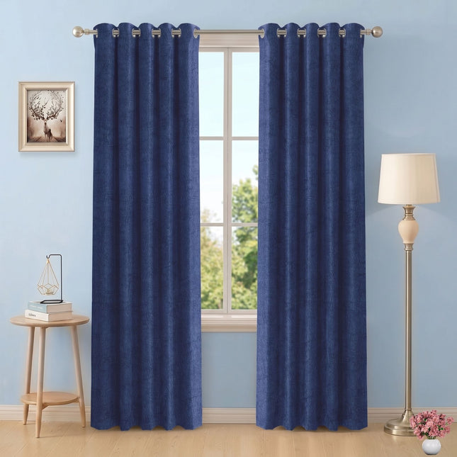 Dark Blue Colour Textured Velvet Flock Readymade Curtain