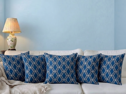 Royal blue colour geometric pattern velvet flock readymade cushion cover