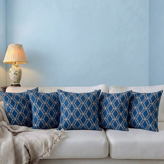 Royal blue colour geometric pattern velvet flock readymade cushion cover