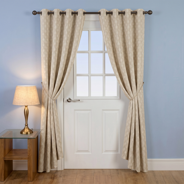 Beige colour geometric pattern velvet flock readymade curtain (Dual Side)