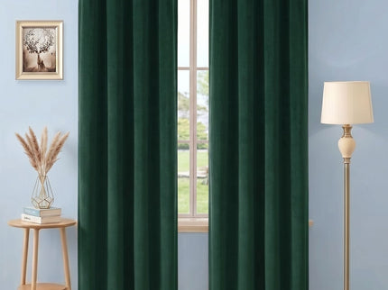 Medium Green Colour Plain Velvet Flock Easy Clean Readymade Curtain