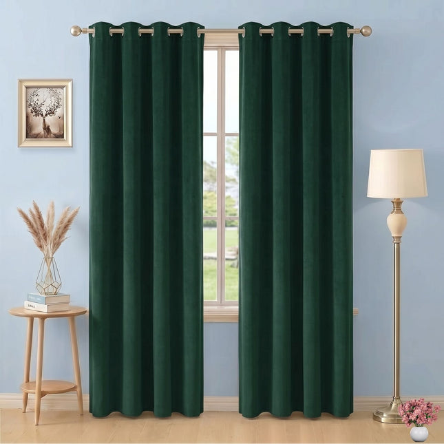 Medium Green Colour Plain Velvet Flock Easy Clean Readymade Curtain