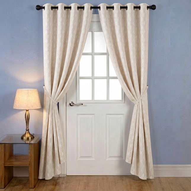 Cream colour geometric pattern velvet flock readymade curtain (Dual Side)