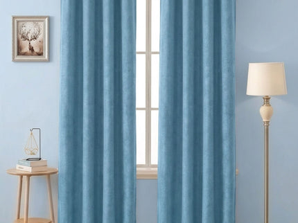 Medium Blue Colour Plain Velvet Flock Easy Clean Readymade Curtain
