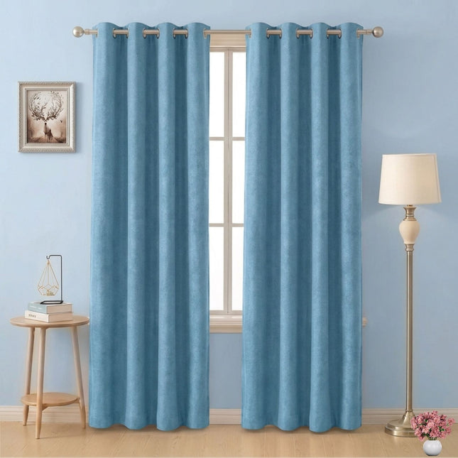 Medium Blue Colour Plain Velvet Flock Easy Clean Readymade Curtain