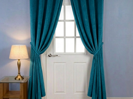 Teal blue colour textured velvet flock geometric pattern  readymade curtain