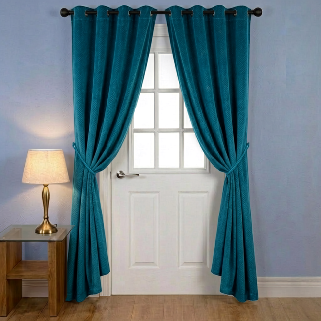 Teal blue colour textured velvet flock geometric pattern  readymade curtain