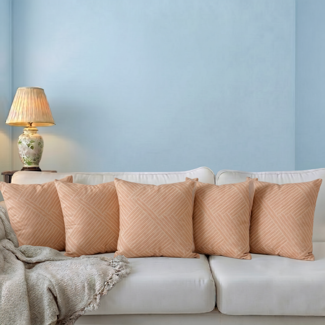 Beige colour textured velvet flock geometric pattern readymade cushion cover