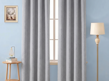 Light grey colour textured velvet flock geometric pattern readymade curtain