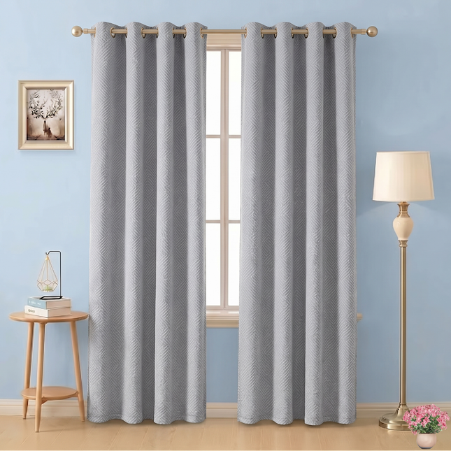 Light grey colour textured velvet flock geometric pattern readymade curtain