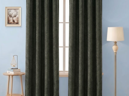 Olive Green Colour Textured Velvet Flock Readymade Curtain