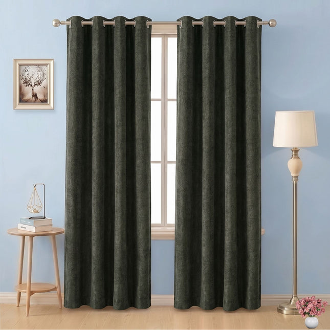 Olive Green Colour Textured Velvet Flock Readymade Curtain