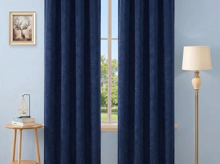 Dark Navy Blue Colour Textured Velvet Flock Readymade Curtain