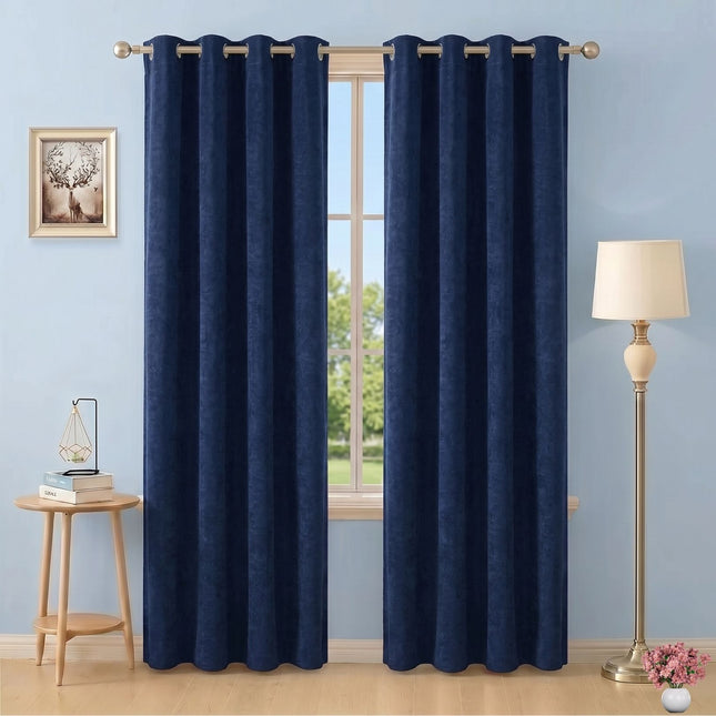 Dark Navy Blue Colour Textured Velvet Flock Readymade Curtain