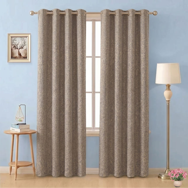 Brown colour textured weave pattern velvet flock readymade curtain