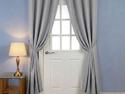 Light grey colour textured velvet flock geometric pattern readymade curtain