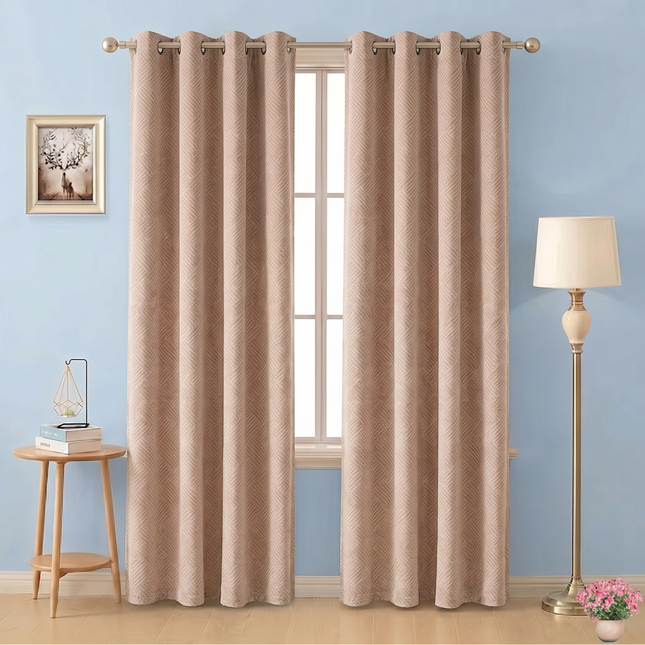 Beige colour textured velvet flock geometric pattern readymade curtain