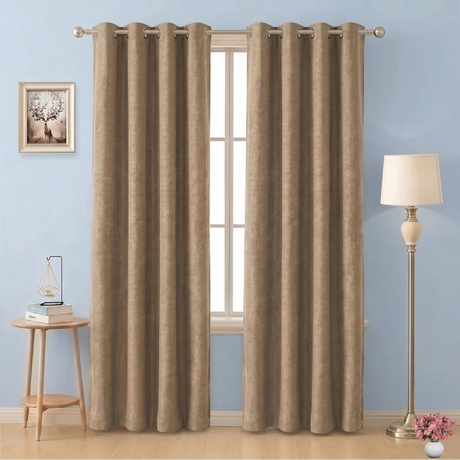 Light Brown Colour Textured Velvet Flock Easy Clean Readymade Curtain