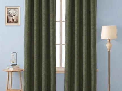 Olive Green Colour Textured Velvet Flock Easy Clean Readymade Curtain