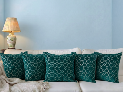 Dark teal colour circular pattern velvet flock readymade cushion cover