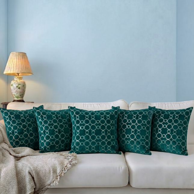 Dark teal colour circular pattern velvet flock readymade cushion cover