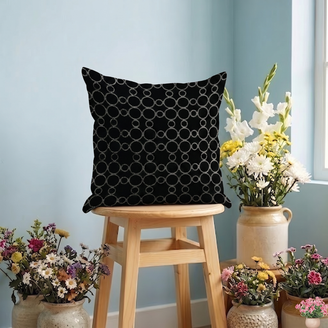 Black colour circular pattern velvet flock readymade cushion cover