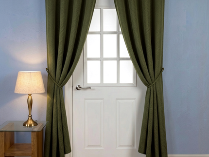 Dark olive green colour textured velvet flock geometric pattern readymade curtain