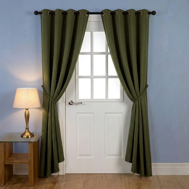 Dark olive green colour textured velvet flock geometric pattern readymade curtain