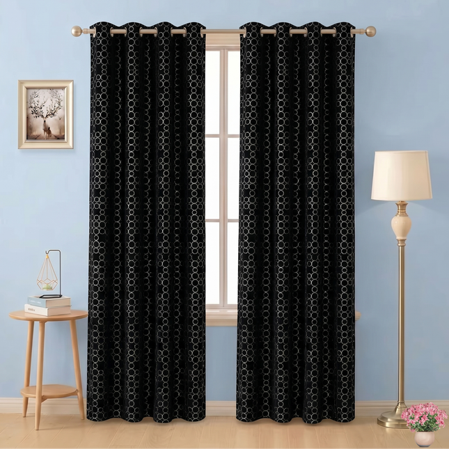 Black colour circular pattern velvet flock readymade curtain