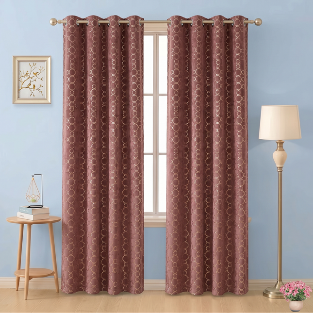 Mauve brown colour circular pattern velvet flock readymade curtain