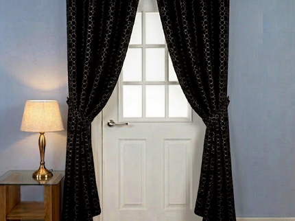 Black colour circular pattern velvet flock readymade curtain