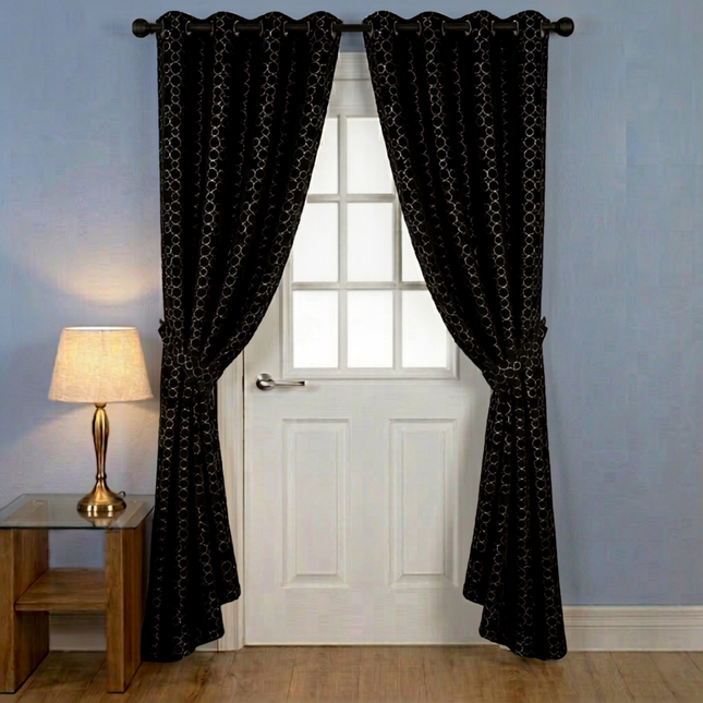 Black colour circular pattern velvet flock readymade curtain