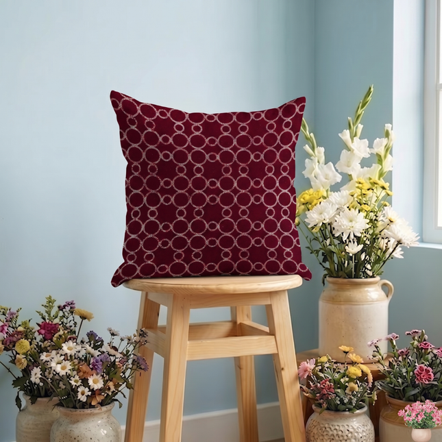 Wine colour circular pattern velvet flock readymade cushion cover