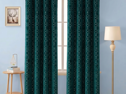 Dark teal colour circular pattern velvet flock readymade curtain