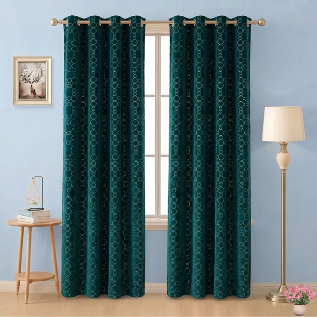 Dark teal colour circular pattern velvet flock readymade curtain