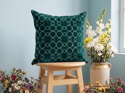 Dark teal colour circular pattern velvet flock readymade cushion cover