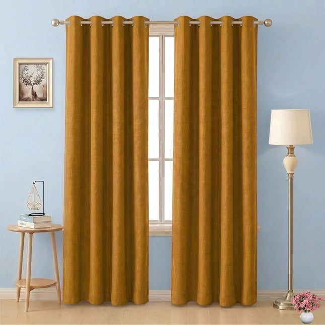 Drab Yellow Colour Textured Velvet Flock Readymade Curtain