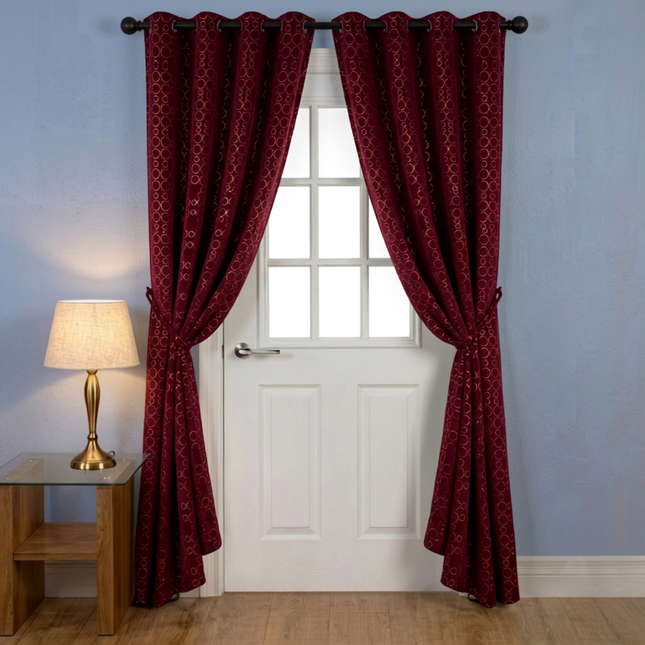 Wine colour circular pattern velvet flock readymade curtain