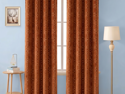 Rust brown colour circular pattern velvet flock readymade curtain