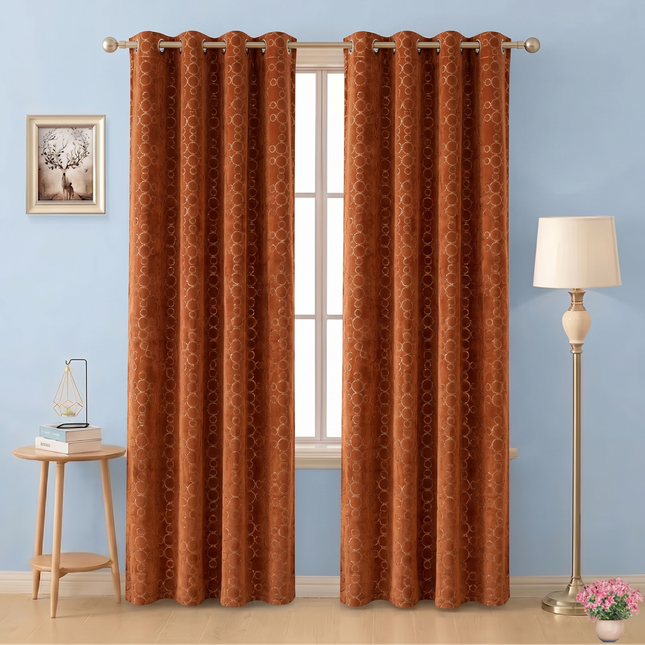 Rust brown colour circular pattern velvet flock readymade curtain