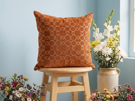 Rust brown colour circular pattern velvet flock readymade cushion cover