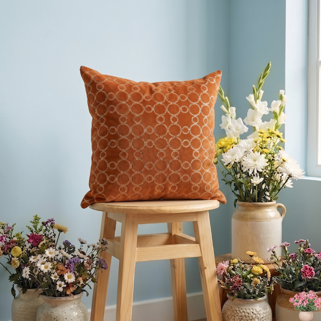 Rust brown colour circular pattern velvet flock readymade cushion cover