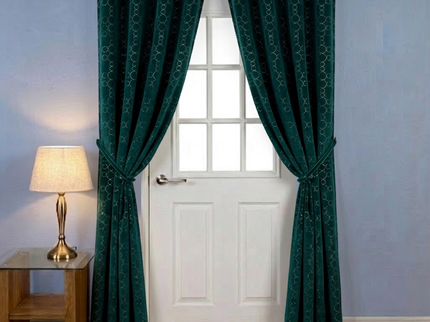 Dark teal colour circular pattern velvet flock readymade curtain