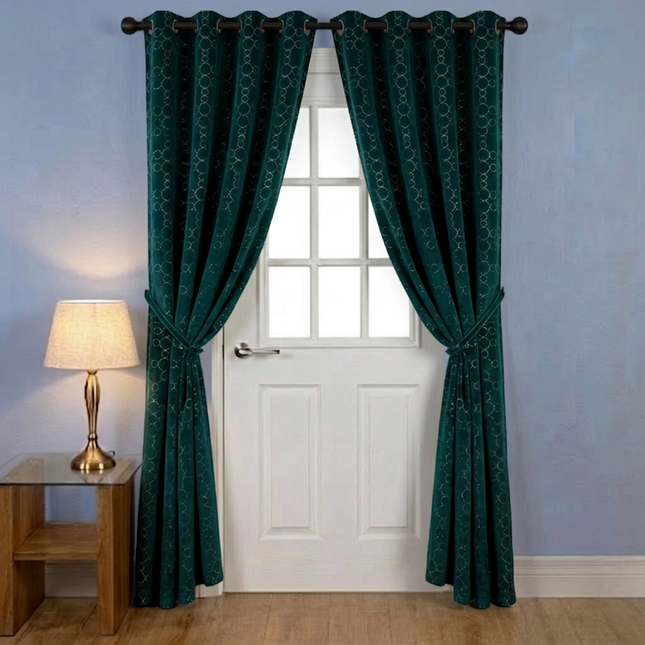 Dark teal colour circular pattern velvet flock readymade curtain