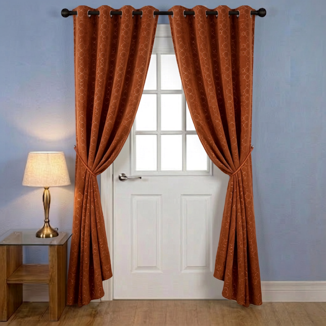 Rust brown colour circular pattern velvet flock readymade curtain