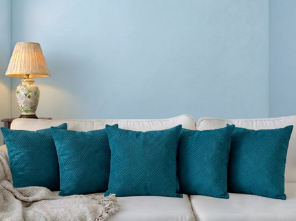 Teal blue colour textured velvet flock geometric pattern readymade cushion cover