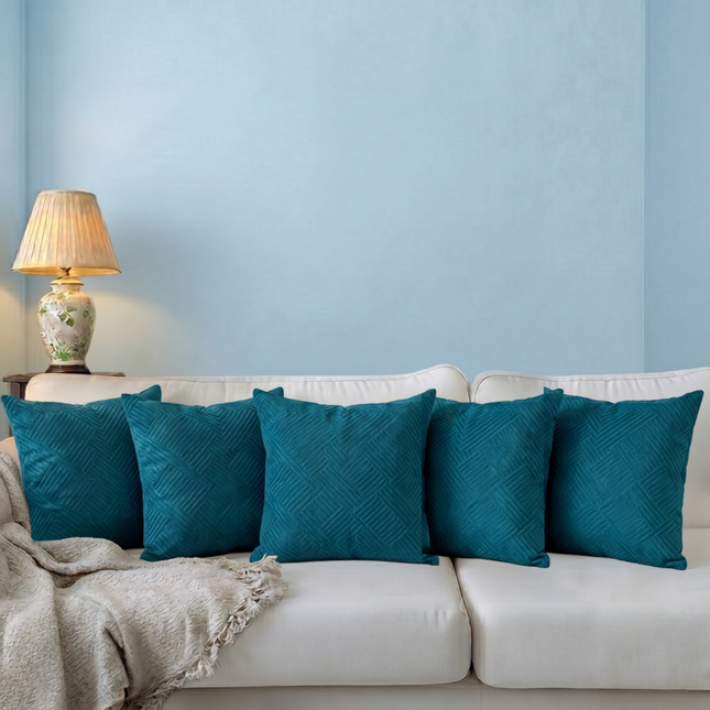 Teal blue colour textured velvet flock geometric pattern readymade cushion cover