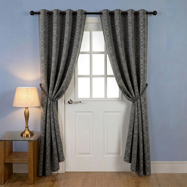 Grey colour circular pattern velvet flock readymade curtain