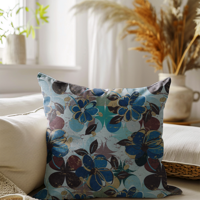 Brown and Blue Colour Floral and Leaves Pattern readymade cushion cover