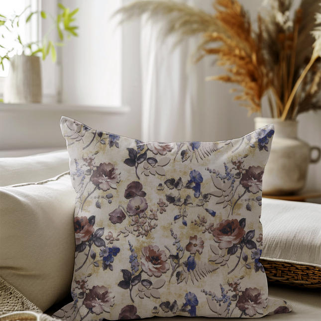 Dusty Rose and Blue Colour Floral and Leaves Pattern readymade cushion cover
